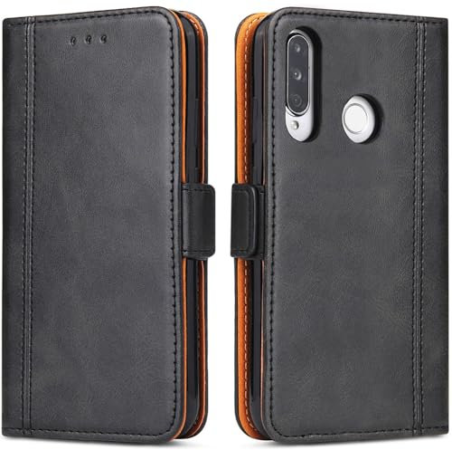 ROJIOJIO Handyhülle für Huawei P30 Lite, Leder Handytasche Kartenfach Klappständer Magnetisch Lederhülle für Huawei P30 Lite Hülle, Schwarz
