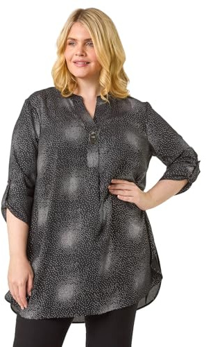 Roman Originals Shirt for Women UK Ladies Longline Top Collarless Blouse Smart Tunic Casual Evening Relaxed Fit 3/4 Length Sleeve Notch V Neck Long - Black & Silver - Size 22