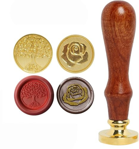 Siegelstempel Set, Wachssiegel Stempel mit 2 Kopf aus Messing Wachsstempel mit Holzgriff Siegelwachs Stempel Vintage für Hochzeit Wax Seal Stamp Set Motiv der Rose Baum des Lebens Briefsiegel