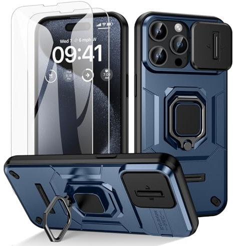 Doeshine für iPhone 15 Pro Hülle, mit 360° Ständer & Kameraschutz, Military Grade Handyhülle mit Ring Stand Multifunktion Schutzhülle Outdoor Case mit 2 Stück Schutzfolie (Blau)
