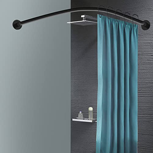 Duschvorhangstange L Form Dehnbare Edelstahl Duschstange Badezimmer Deckenhalterung Einstellbares Winkelstange Duschvorhang mit Haken, Schwarz, 95 x 130 cm