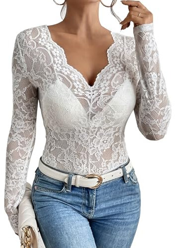 Panegy Women’s Sexy Mesh Top Elegant Long Sleeve Clubwear Blouse Ladies See Through Lace Slim T Shirts V Neck Low Cut Floral Embroidery Blouse White S