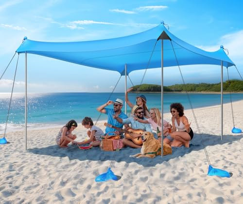 Rhino Valley Tienda de Campaña de Playa, Toldo de Playa 3x3M, Protección UPF50+ con 8 Sacos de Arena, 4 Postes de Estabilidad, Tienda dePlaya para 6-8 Personas para Acampar y Pescar, Azul