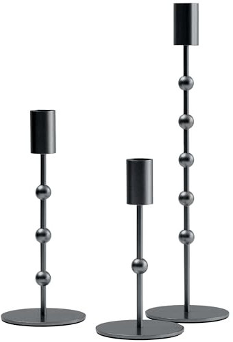 3er Set Schwarze Kerzenhalter mit Perlen-Design, Vintage Kerzenständer, Kerzenhalter Stabkerzen für Hochzeitsdeko, Tischdekoration Wohnzimmer Esstisch Geschenk Innen, Stabkerzenhalter Deko