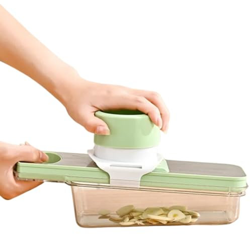 Multipurpose Compact Kitchen Mandoline Vegetable Slicer, Cutter, Cabbage Shredder, Cheese Shredder, with Container. Includes a Cut Resistant Glove & Super Sharp Potato Peeler. Stainless Steel Surface.