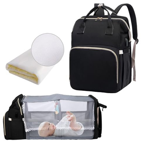 WXJHNYBS Mit Bett Wickelrucksack Mit Bettfunktion, Wickelrucksack Mit Bettfunktion Baby Bag for Mom Mit Wickeltisch Mama Rucksack Neugeborenen Essentials,Black