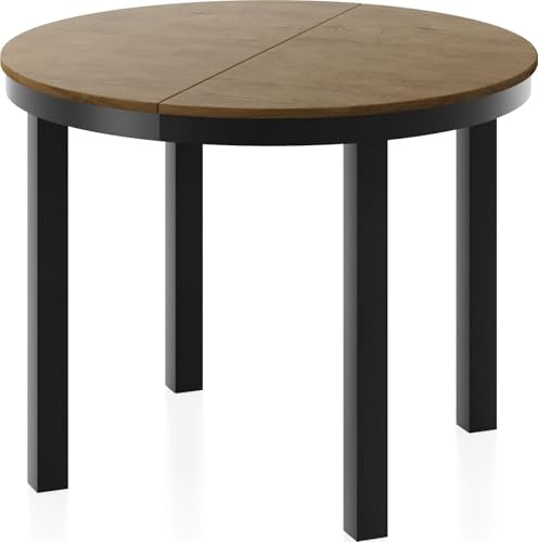 WFL GROUP Runder Ausziehbarer Esstisch mit Schwarzem Metallgestell – Tisch mit Schwarzen Metallbeinen im Loft-Stil – Platzsparender Tisch für Wohnzimmer, Esszimmer – Lefkas Eiche – 100 bis 180 cm