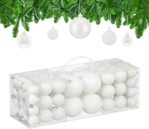 Relaxdays Weihnachtskugeln im 76er Set, Kunststoff, glitzernde, Matte, glänzende Baumkugeln, Christbaumschmuck, weiß