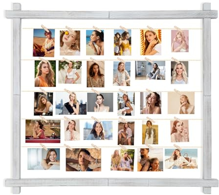 FURAOMEILI Bilderrahmen-Collage,Fotodisplay-Tafel mit Clips,Hängende Wanddekoration für Fotos,Briefe,Postkarten,Glückwunschkarten,Organizer-Halter,Metall-Perlenschnur,Kiefer,Groß(Rustikal Weiß)