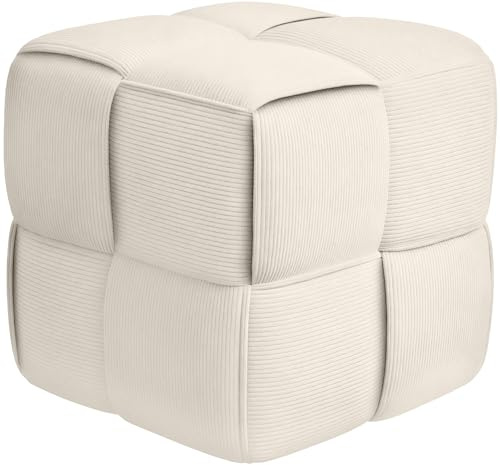 CLP Poggiapiedi Forinta in velluto a coste, forma quadrata imbottita, design moderno beige, ideale per soggiorno e camera da letto Colore:crema