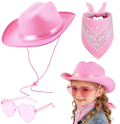 FCXVXCL Cowboyhut Kinder Set 3 Stücke Western Cowboy Kostüm Kit Mit Glänzend Mütze Schal Und Herzförmiger Sonnenbrille Für Jungen Mädchen Halloween Karneval Party