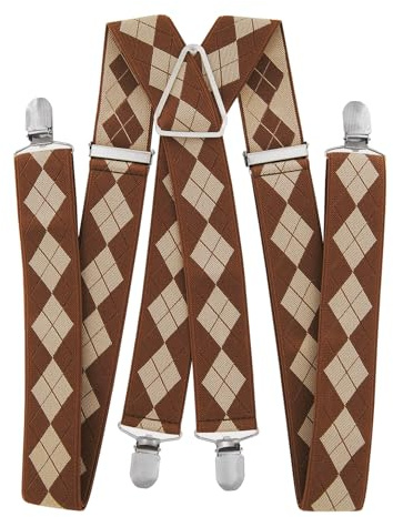 axy Hosenträger für Herren breit 3,5 cm in X-Form mit 4 Hosenträger Clips extra stark längenverstellbar 35mm (Braun-Rautenmuster)