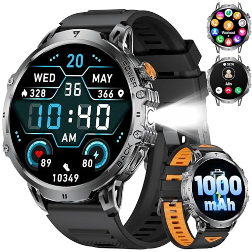 Montre Connectée Homme avec 1000mAh,1.85 Smartwatch avec Appel Bluetooth,100+ Modes Sportifs/LED Lampe,IP68 Étanche, Fréquence Cardiaque Moniteur de Sommeil pour iOS Android 2 Bracelet, Silicone