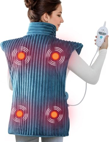 Dowin Vibrating Heating Pad for Neck and Shoulders, 60x90cm | Extra Large, 4 Massagers, Auto-shutoff, 2 Heat Settings, Machine Washable, for Back Pain Relief