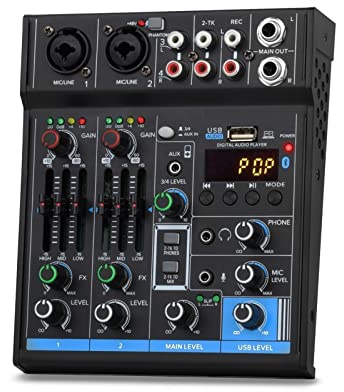 Mischpult, Professionelle 4-Kanal-Schnittstelle Mini-Mixer USB-Bluetooth-Soundkarte 48 V Phantomspeisung Studioaufnahme DJ-Mischpult