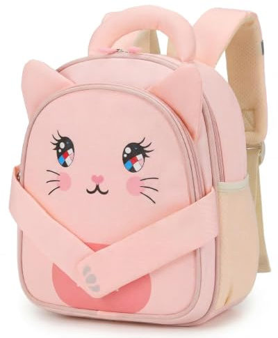PROTAURI Kindergartenrucksack Mädchen 2-6 Jahre 11.6L 3D Tier Design, Katze | mit Brustgurt reflektierend wasserabweisend leicht atmungsaktiv ergonomisch 3D Tier Design