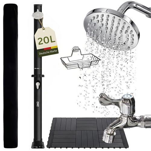 novaterra® Solardusche schwarz mit 20L Tank - Gartendusche & Campingdusche mit Bodenelement, Regenduschkopf, Fußdusche, Schutzhaube & Ablage, Solardusche Garten, Wassererwärmung bis 60°C