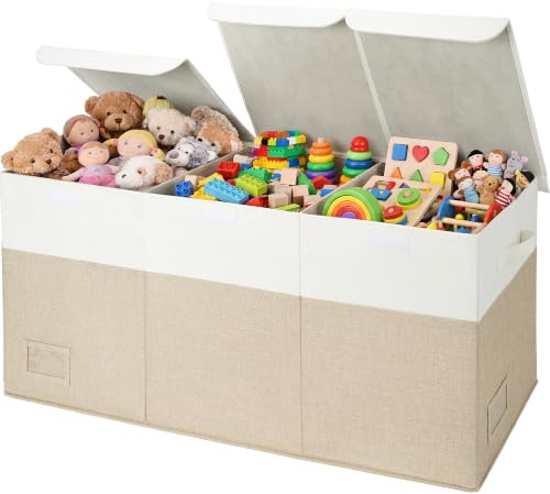 GRANNY SAYS Aufbewahrungsbox mit Deckel, Grosse kiste mit Deckel, Faltbar Aufbewahrungsbox Aufbewahrungsboxen mit Deckel, Aufbewahrung Stoff mit Griffen, Weiß-braun, 96 x 33 x 40cm