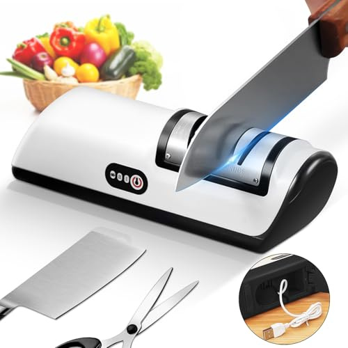 Electric Knife Sharpener, Cordless Rechargeable Knife Sharpener with Diamonds for Steel Knives and Fruit Knife, 2 Stage Automatic Knife Sharpening Helps Restore & Polish Blades Quickly