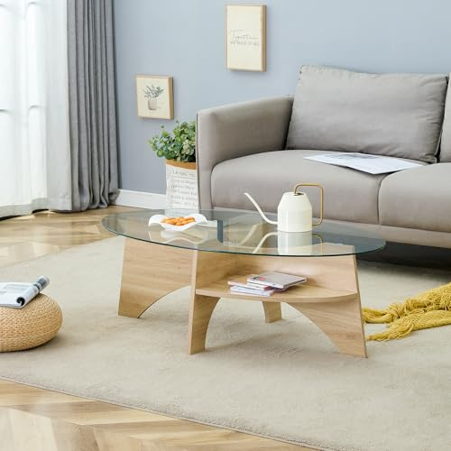 Mesa de Centro Ovalada de Cristal, Salón y Comedor, Madera, 104.9x60 cm