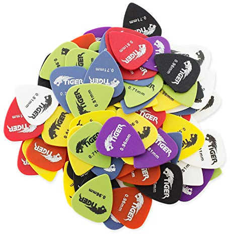 TIGER AP100A Pack mit 100 Gitarren-Picks - Plektren für Akustische/Klassische Elektrische und Bass Gitarren - Verschiedene Stärken Light/Medium/Heavy - 0,58mm/0,71mm/0,81mm/0,96 mm - Gemischte Farben