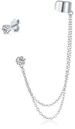 Geometrischer Knorpel-Schmuckband mit Ketten-Ohrmanschette CZ Stecker-Ohrläppchen-Ohrring für Frauen, Teenager, Männer Gelbgold .925 Sterlingsilber