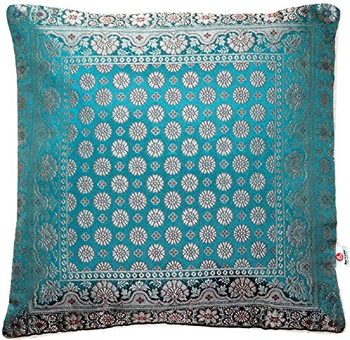 Handgfertigt Türkis Grün Dekokissen aus Indische Banarasi Seide - 40 cm x 40 cm | 16 x 16 Zoll. ***Handgewebt und handgenäht von Kunsthandwerkern aus Kaschmir-Indien***Unsere Markenspezialität***