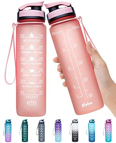 Elvira - Borraccia grande da 32 oz con indicatore di tempo motivazionale e filtro rimovibile, flusso rapido, senza BPA, non tossico per fitness, palestra e sport all'aperto, A2-Rosa Chiaro