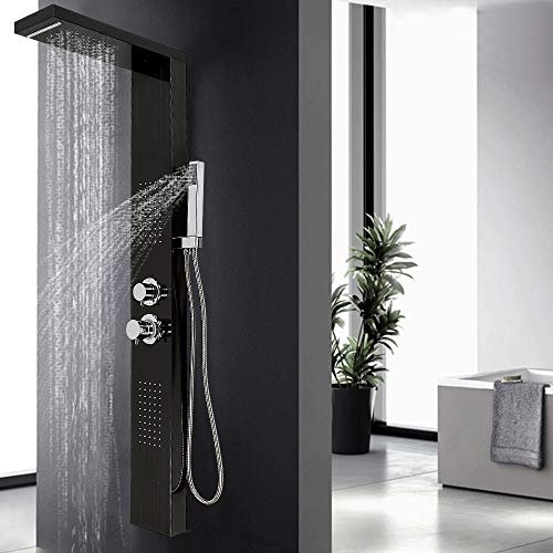 YJIIJY Pannello Doccia, Colonna Idromassaggio Doccia a Cascata in Acciaio Inossidabile, con Soffione a Pioggia Doccetta e Pannello Doccia Colonna Corpo a Colonna (Nero)