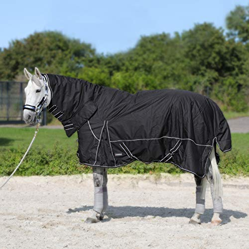 Horsenjoy Pferdedecke Regendecke Winterdecke Outdoordecke Paddockdecke mit Halsteil 300g 200g Füllung Aspen (135 cm, 300 g schwarz)