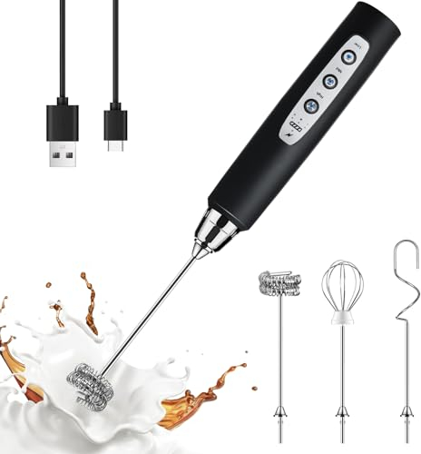 YUSWKO Rechargeable Milk Frother, Handheld Electric Frother Wand with 3 Speeds 3 Detachable Stainless Steel Drink Mixer for Coffee Lattes, Cappuccino, Egg