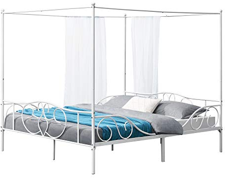 Lit à Baldaquin Design en Métal Solide Lit Double Stylé Lattes Métalliques Acier Laqué 180 x 200 cm Blanc Mat