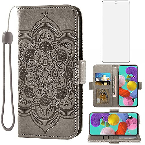 Asuwish Handyhülle für Samsung Galaxy A51 4G Hülle mit Glas Folie Schutzfolie Kartenfach Klappbar Leder Geldbörse Ständer A 51 51A M40S Handy Hüllen Mandala Schutzhülle Handyhüllen Phone Case Grau