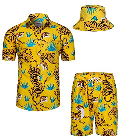 TUNEVUSE Herren Hawaiihemd und Shorts Set, 2-teiliges tropisches Set, Blumen Bedruckte Knopf Strand Set mit Hut Gelb X-Large