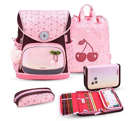 Belmil Premium Compact Plus ergonomisches Schulranzen Set 5 - teilig, AGR, Brustgurt, Hüftgurt, Magnetverschluss (405-41/P/S) (Cherry Blossom)