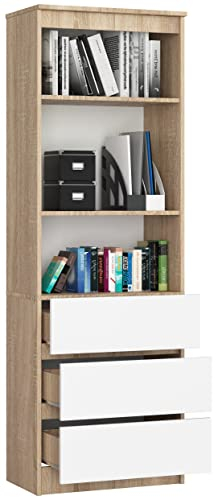 BDW- Bücherregal, Jugend Bücherregal, Bücherregal für das Wohnzimmer, Raumteiler - 3 Schubladen 2 Einlegeböden 185x60x35cm VIELE Farbe ! (Eiche Sonoma/Weiß)