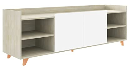 MOMMA HOME Mueble TV Salón, Mesa de televisión Acabado en Roble Cambrian y Blanco Mate, Puertas centrales. Patas de Madera (TV) Modelo ROAU. 180 x 44,5 x 53H cm