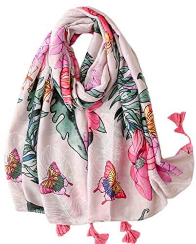 FAIRYGATE XXL Schal Tuch Rosa Damen für Mädchen Elegantes Accessoire Leicht Blumenmuster Groß Modisch Wickelschal übergroß mit Quasten Sonnenschutzschals 22005