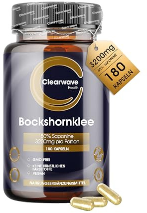 Bockshornklee Kapseln 3200mg Hochdosiert | 50% Saponine | Clearwave | 180 Kapseln, 3 Monate Vorrat, aus Bockshornkleesamen-Pulver, glatte Kapseloberfläche, vegan, GMP-hergestellt