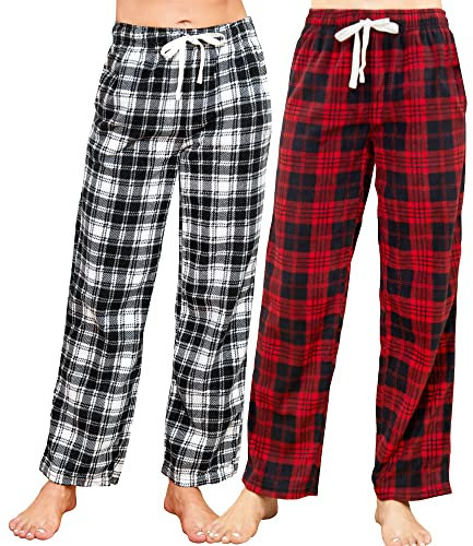 U2SKIIN Pyjamahose Damen lang kariert Schlafhose Schlafanzughosen für Damen Fleece Pyjama Hosen Nachtwäsche Freizeithose mit Taschen (Rot Schwarz Kariert+ Weiß Schwarz Kariert, L)