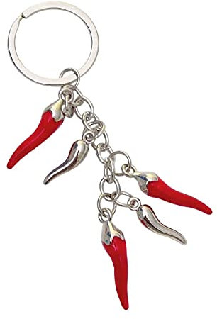 Générique Porte-clés, Bijou de Sac piments argenté et rouge en Acier, Symbole Italien, Corne d'abondance. 11 x 3 cm