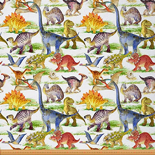 Stoff mit Kawaii Dinosauriern Meterware Schöner Dinosaurier Dekostoff Geschenk für Mädchen Jungen Teenager Zum Nähen Von Kleidung Niedlicher Tier Polsterstoff Blau Gelb 920 x 150 (HxB)