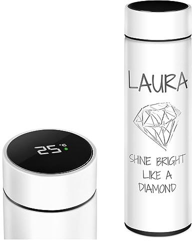 Maverton Thermobecher Kaffeebecher mit Gravur 450 ml - Trinkflasche Edelstahl - auslaufsicher - 100% dicht - mit LED-Temperaturanzeige - für Frauen zum Geburtstag - weiß - Diamant