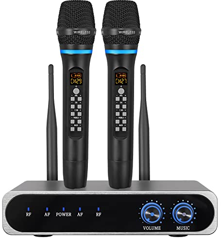 PROZOR Micrófono Inalámbrico UHF Sistema de Micrófono Profesional con Ajuste de Graves, Agudos y Eco Set de Micrófonos Inalámbricos con Entrada y Salida de 3,5mm AUX para Smart TV Karaoke Iglesia