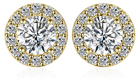 JewelryPalace 1ct Halo Boucles d'oreilles Taille Rond Solitaire Cubic Zirconia Argent 925 Femme, Plaqué Or Jaune Petite Clous d'oreilles Pierre Fille, Diamant Simulé Ensemble Bijoux Mariee Mariage
