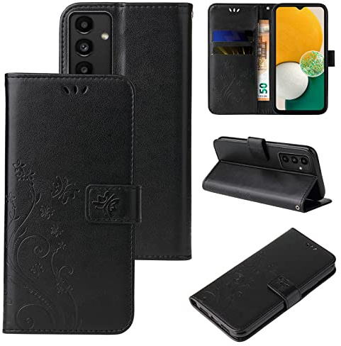 LBH Handy Hülle für Samsung Galaxy A13 Case Handytasche Schmetterling Blumen Flower Standfunktion Schutzhülle Magnet Rundum Schutz 360 Grad Flipcase Cover Schwarz