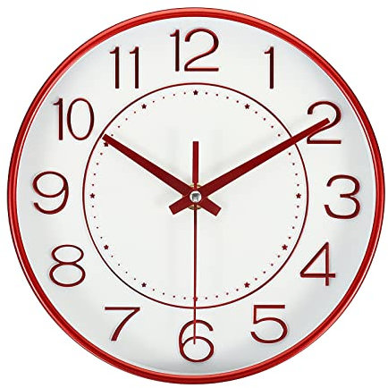 PATIKIL 8 Pulgadas Pared Reloj, Batería Operado Silencioso Sin-Tictac Redondo Moderno Pared Reloj para Cocina Oficina Dormitorio Decoración, Rojo