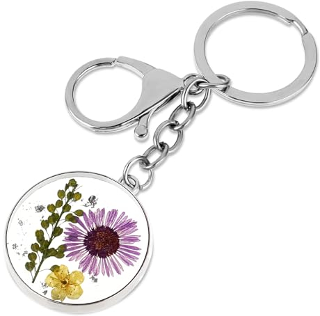 Andibro Gepresste Blume Schlüsselanhänger, Vergissmeinnicht Echte Blume Schlüsselanhänger Getrocknete Blume Schlüsselring Wildblume Ästhetischer Schlüsselanhänger (Lila Lavendel)