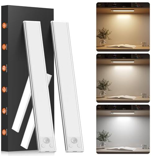 Luz LED Adhesiva 30cm 2 Piezas, Regulable Luz LED Armario con Sensor de Movimiento con 3 Color Modos, USB Recargable Luce Led Cocina Tira Magnética Nocturna para Dormitorio, Escaleras, Pasillo, Garaje