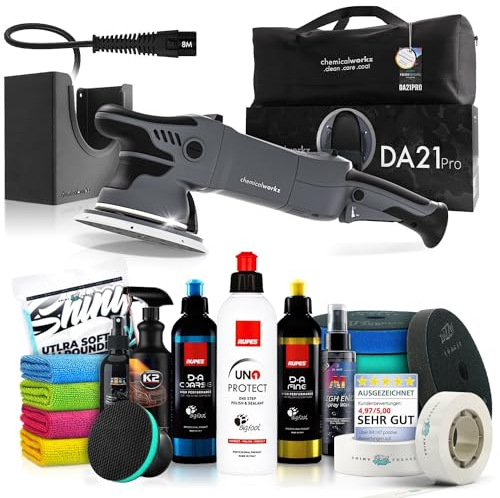 Poliermaschinen Set: chemicalworkz DA21 Pro Exzenter Poliermaschine + Rupes Politur Set + ZviZZer Thermo Polierpads + Dr. Wack Versiegelung für Lack + Zubehör | 21-teilig